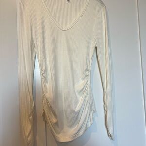 Good American Cream Ribbed V-Neck Blouse